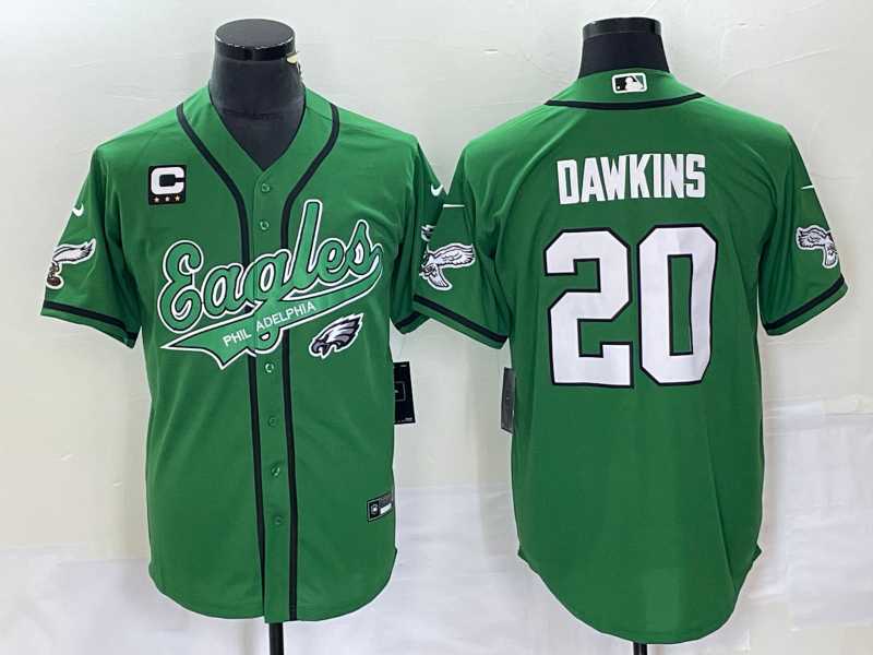 Mens Philadelphia Eagles #20 Brian Dawkins Green C Patch Cool Base Stitched Baseball Jersey